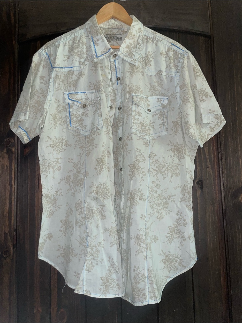 Men's Guess Short-Sleeve Floral Button-Up Shirt - Blue/Tan, Size L